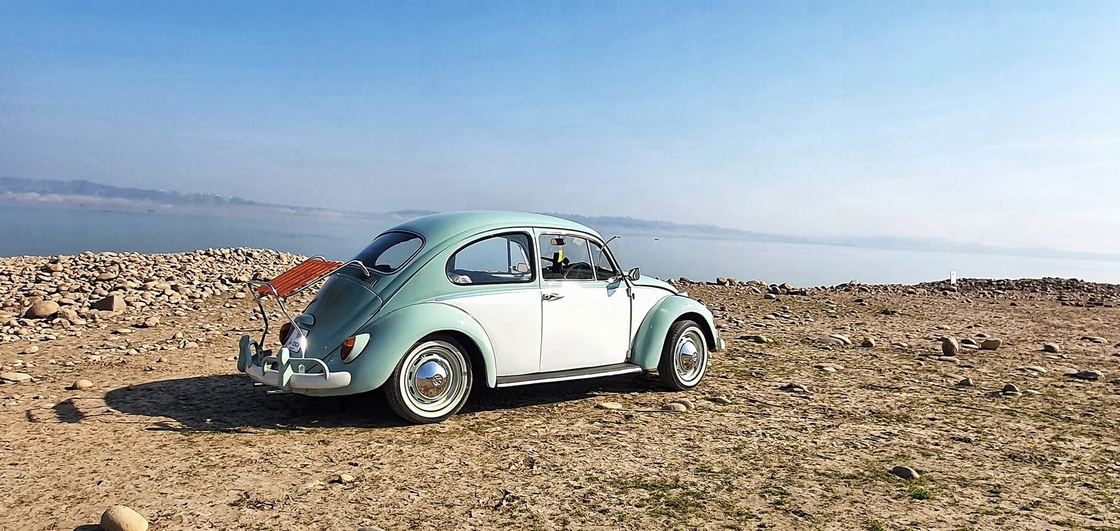 White VW Beetle with deck-lid rack near open landscape