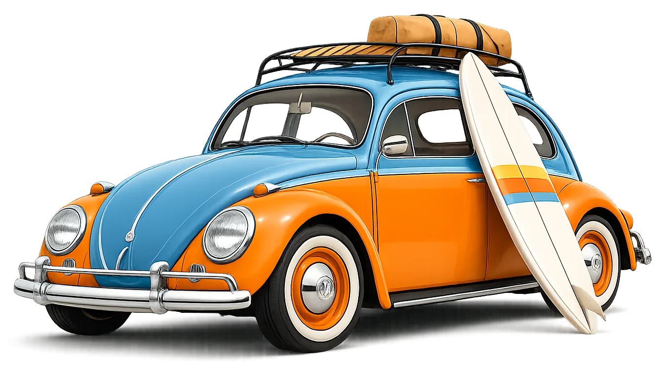 Vintage VW Beetle with Surfboard